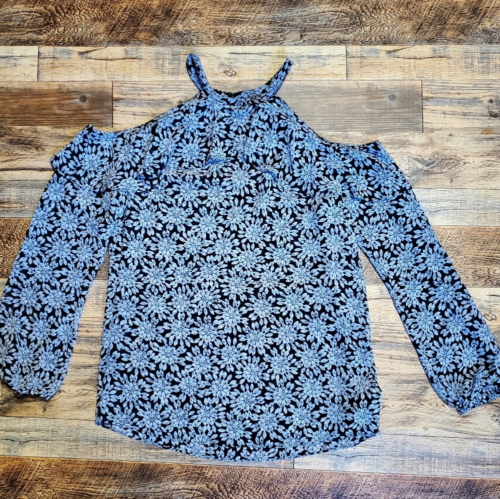Michael Kors Cold Shoulder Sheer Halter Jewel Print Top SMALL Ruffles - Picture 11 of 11